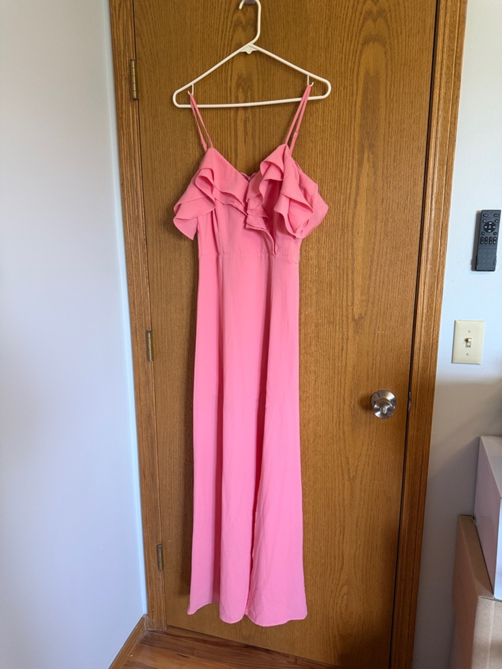Pink Ruffle-Detail Spaghetti Strap Maxi Dress
